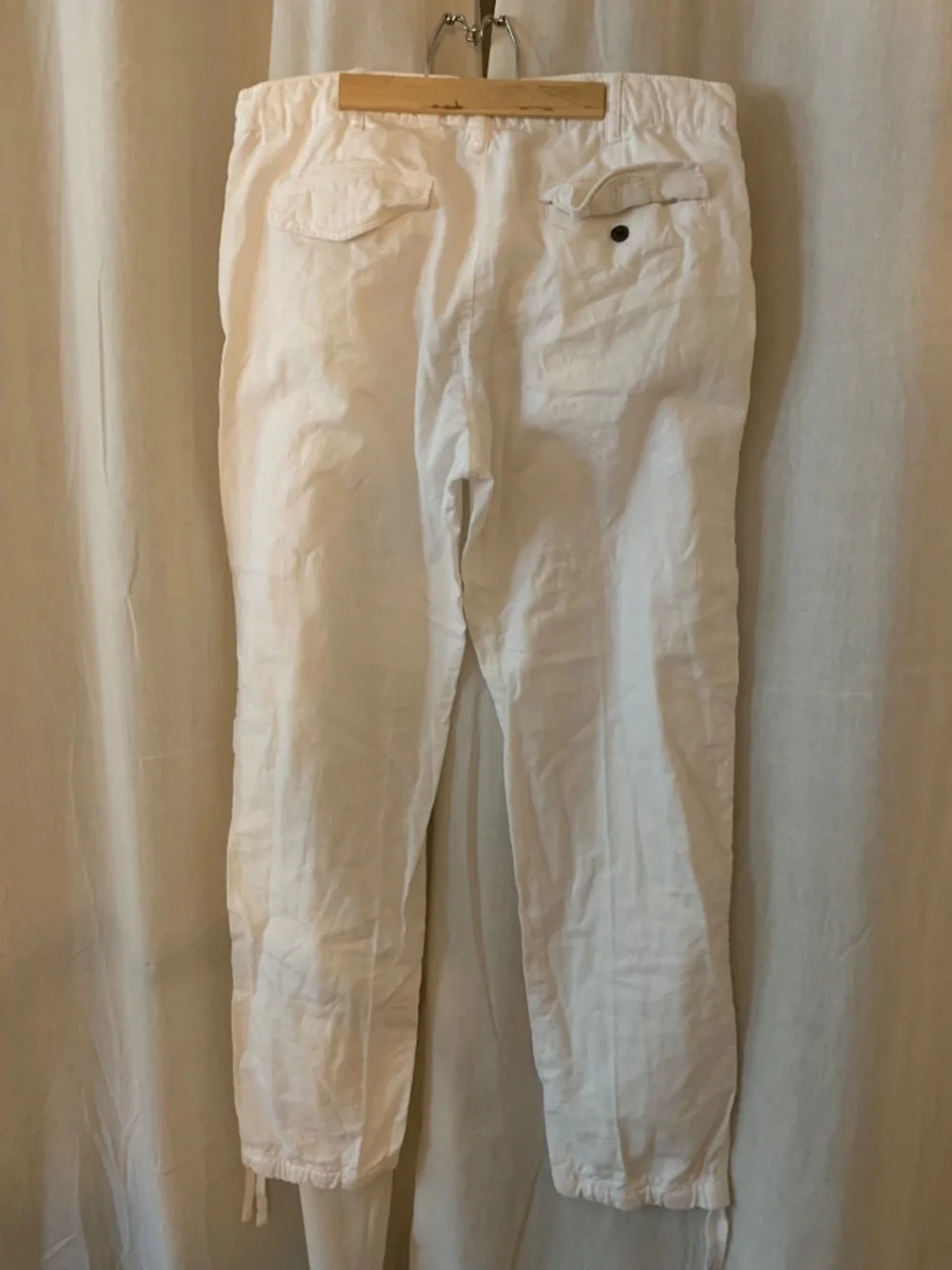 H&M L.O.G.G. Off-White Linen Blend Drawstring Hem Straight Pants US 4